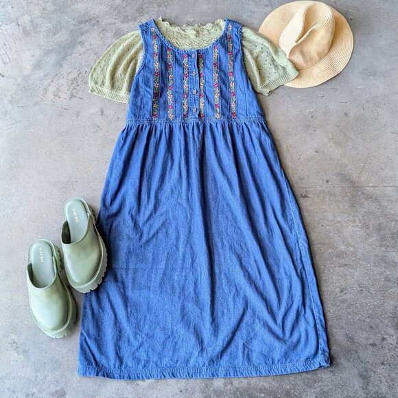 Vintage Erika & Co Blue Denim Floral Embroidered Midi Dress large - Picture 1 of 7